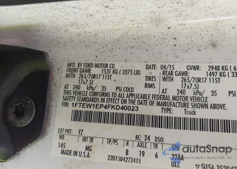 2015 Ford F150 Supercrew из США, поврежденный, VIN 1FTEW1EP4FKD40023